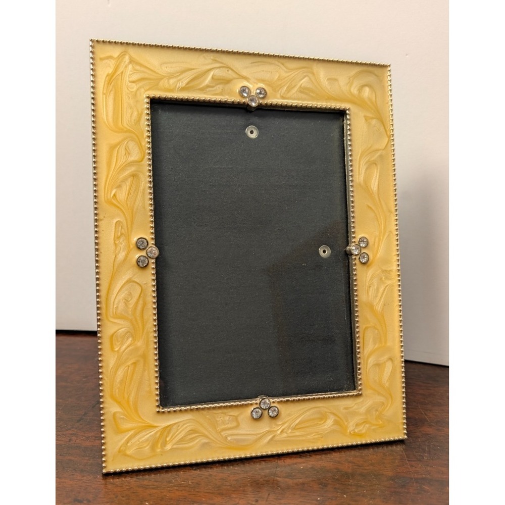 Gold Tone Jeweled Picture Frame 5x7 Rhinestone Floral Enamel Hollywood Regency